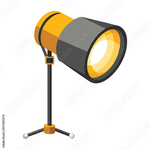 Bright yellow studio spotlight with adjustable stand on a white background