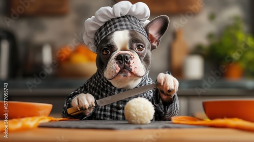 A French bulldog dressed as a sushi chef holding a knife in a checkered outfit and chef hat, preparing food on a wooden table in a cozy kitchen setting