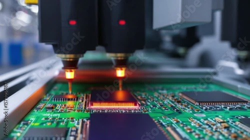 Close-up of a high-tech circuit board being precisely manufactured using automated laser equipment.
