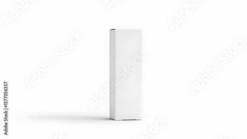 Isolated close up of a tall narrow rectangular white cardboard box on a white background in studio shot