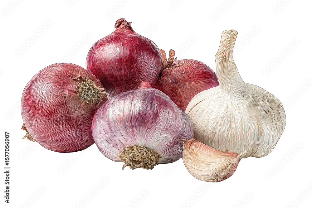 Obraz premium Close-up of red onions and garlic bulbs