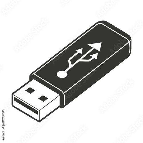 Isometric USB Flash Drive Illustration in Black and White Featuring the Universal Serial Bus Symbol for Data Storage and Transfer on a White Background