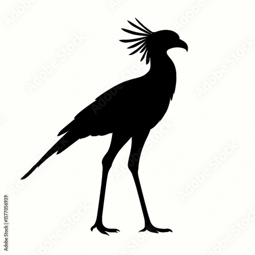 Bold silhouette of a secretary bird with distinctive crest, ideal for wildlife art, African safari designs, and nature projects. Perfect for logos, posters, and eco-friendly graphics with a striking, 