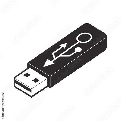 Black and White Isometric Illustration of a USB Flash Drive with the Universal Serial Bus Symbol for Data Storage and Transfer on a White Background