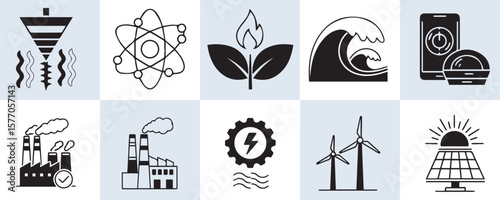 Assorted icons depicting various energy sources including renewable and non renewable options shown here