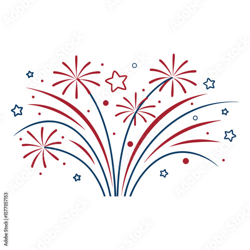 Festive Red and Blue Fireworks Burst with Stars and Circles for Celebrations and Patriotic Holidays on a Clean White Background Vector Illustration