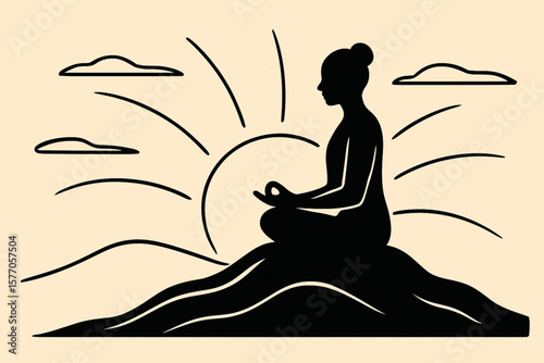 Beautiful silhouette of a woman meditating at sunrise with a radiant sun and clouds, ideal for yoga, mindfulness, and wellness projects. Perfect for posters, apps, and serene designs with a peaceful,