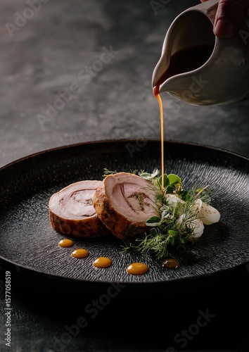 Elegant dish with roulade slices, delicate greens and white vegetables on a dark ceramic plate, warm sauce being poured from a small jug, creating a sophisticated gourmet presentation with rich textur