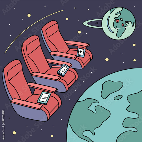 Illustration of three red chairs with tablets floating in space near planets and stars around them