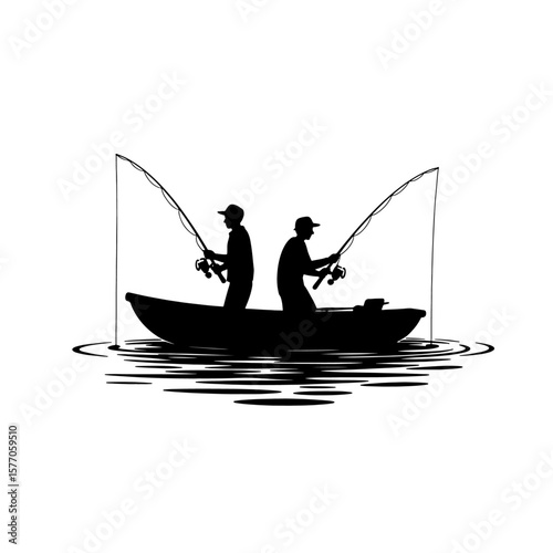  "Fishermen Silhouette on Boat Black White Fishing Sport Illustration"