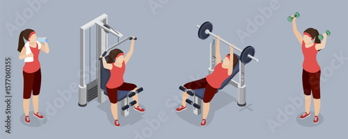 Young woman in fitness gym set. Girl in sportswear do strength training with sports equipment. Sportswomen do exercise at workout. 3d flat isometric vector illustration. Part 2.