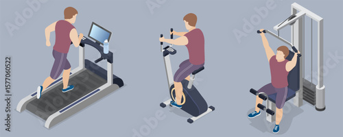 Man in fitness gym set. Sportsmen in sportswear do cardio and strength training with sports equipment. Sportsmen do exercise at workout. 3d flat isometric vector illustration. Part 3.