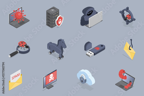 Cyber security icon set. Data protection and internet security sign dig set. Hacker attack, spam, virus, bugs, Trojan horse. 3d flat isometric vector illustration.