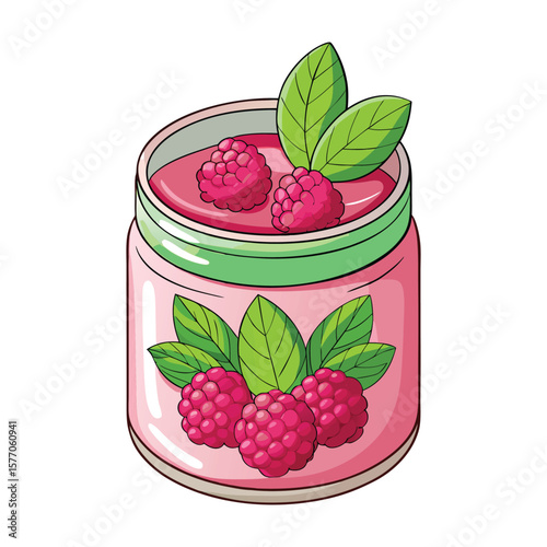 Delicious raspberry jam in a jar with fresh berries and mint leaves