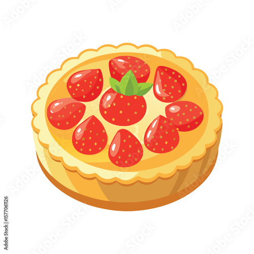 Delicious fresh strawberry tart with golden crust and green mint leaf