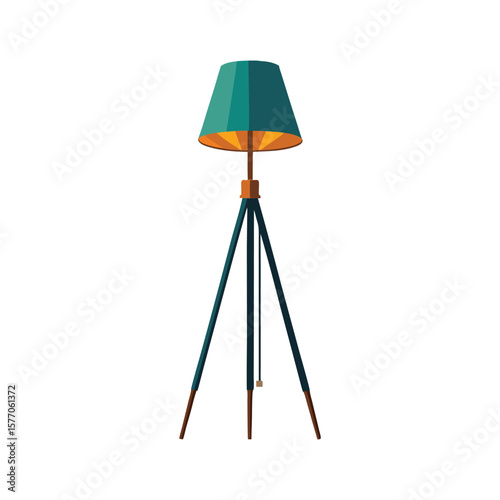 Modern teal lampshade floor lamp with tripod base and warm light