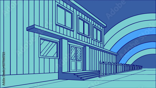 Blue house rainbow architecture design illustration building exterior facade residential home art style drawing