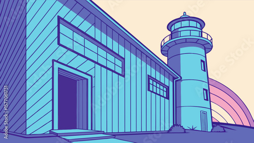 Lighthouse and building illustration in blue tones with rainbow scenery landscape graphic design