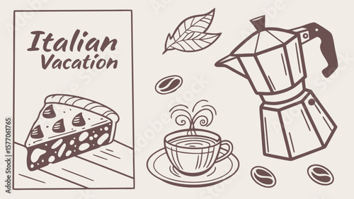 Italian vacation coffee break with moka pot, coffee cup, cake, and coffee beans vector illustration