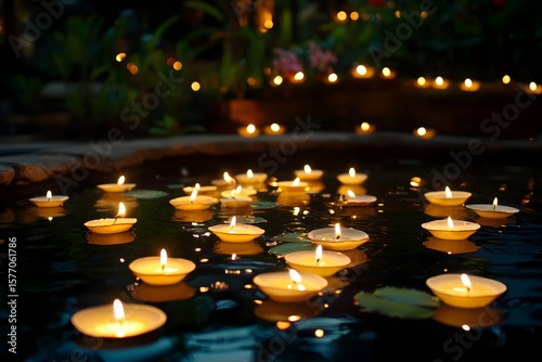 A quiet ritual involving floating candles released into a pond at night 
