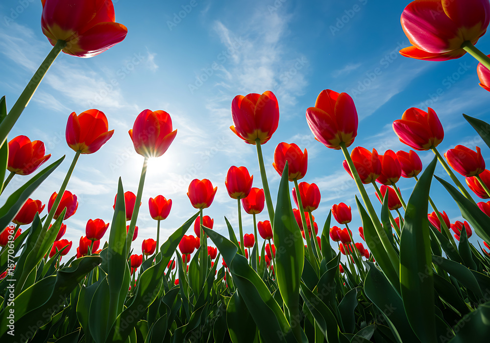 Fototapeta premium Vibrant Red Tulips Blooming in Spring Garden Under Blue Sky