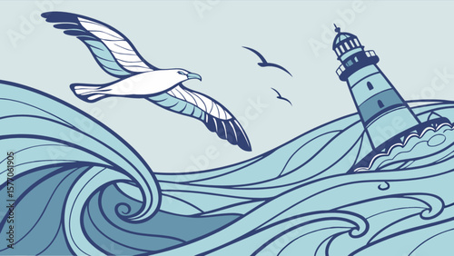 Seascape illustration of lighthouse, seagull, ocean waves, and birds in a nautical themed design style