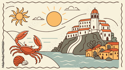 Vintage coastal scene with crab shells sun and mediterranean village travel poster design vector illustration