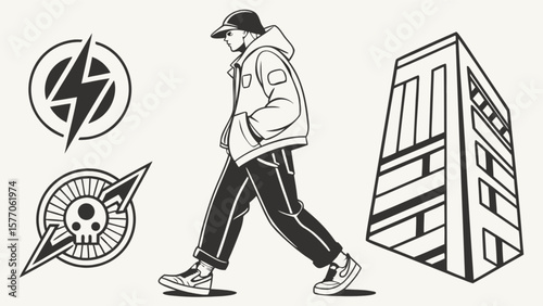 Urban streetwear fashion illustration with lightning bolt skull and building design vector graphic