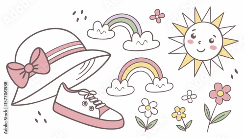 Cute summer elements vector illustration with hat shoe rainbow sun flower for kids design 100 char