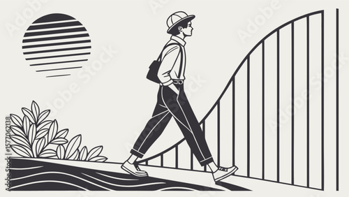 Illustration of a man walking outdoors with hat and bag near plants and fence in black and white art