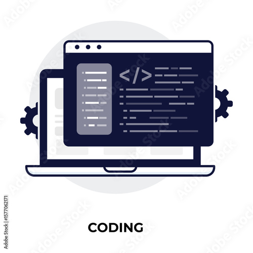 coding, code, programming, web development, developer, source code, HTML, software, laptop, screen, gear, coding icon, vector illustration, programming icon, development icon, application development,