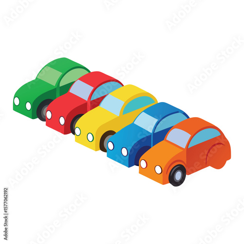 Colorful row of toy cars lined up on white background