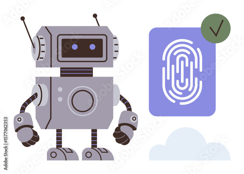 Robot analyzing a fingerprint graphic with a verification checkmark beside a cloud. Ideal for security, technology, AI, authentication, biometrics, robotics, innovation, simple flat metaphor