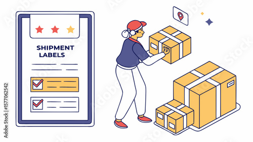 Shipment delivery service with courier holding boxes and shipment labels for online order tracking