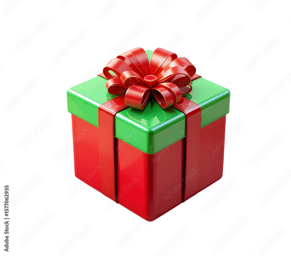Obraz premium Festive red and green gift box with a shiny red bow isolated on transparent background