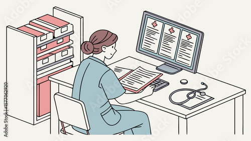 Nurse reviewing patient medical records on computer at desk in doctor office healthcare setting