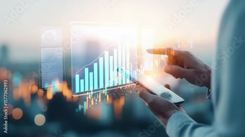 A person using a smartphone with glowing digital financial graphs overlaying the cityscape at sunset.