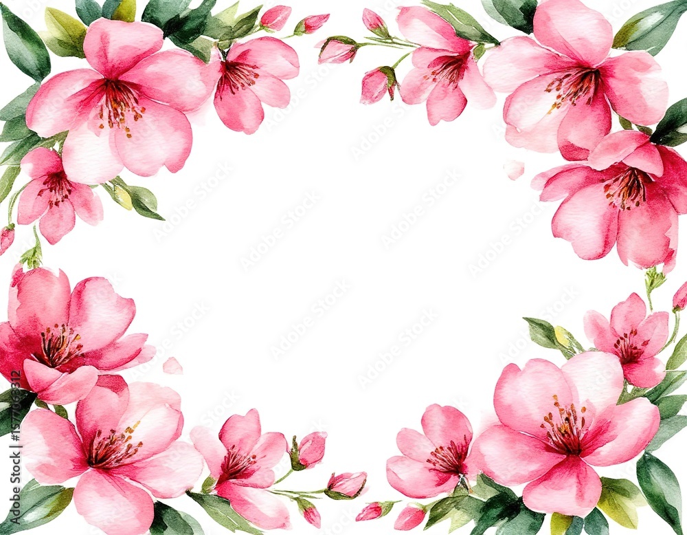 Fototapeta premium pink abstract flower frame. watercolor illustration on white background. template for card, invitation, banner, label with place for text.