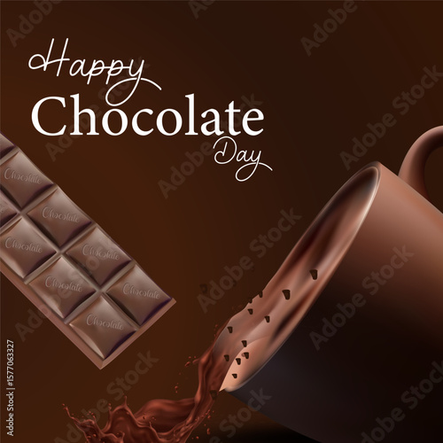Happy Chocolate Day creative illustration with chocolate bar and flowing liquid chocolate splash on dark background, perfect for festive greetings, food promotion, and dessert branding