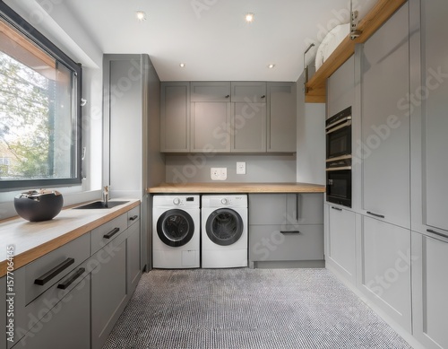 Minimalist laundry room with flat-panel cabinets, hidden machines behind doors, and light grey walls