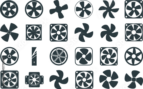 Vector art of a collection of various fan designs showcases different cooling solutions for computers and electronic devices, isolated on white background