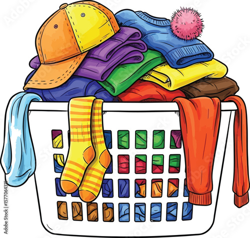 Vector art of a laundry basket overflowing with colorful clothes and accessories creates a scene of domestic clutter, isolated on white background