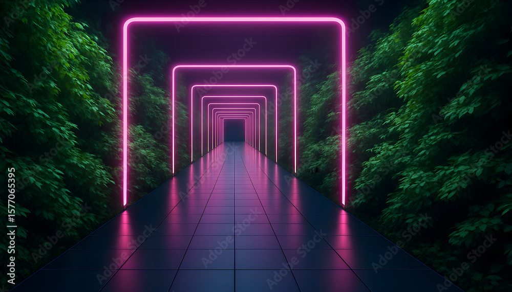 Fototapeta premium Lush foliage lining corridor with glowing pink arches