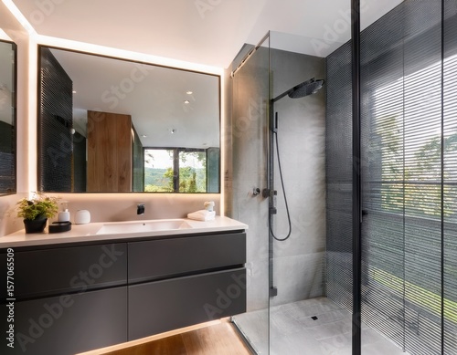 Modern bathroom with matte black fixtures, floating vanity, circular mirror, and walk-in shower with frameless glass walls