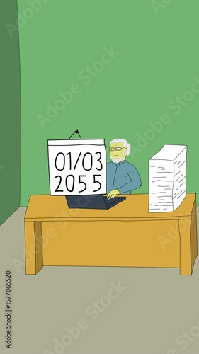 animated illustration of an office employee working from young to old
