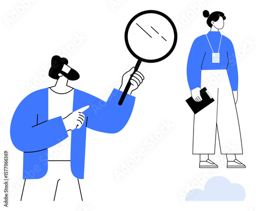 Person inspecting through a magnifying glass and pointing as another individual holding a folder stands nearby. Ideal for teamwork, research, observation, analysis, recruitment, evaluation