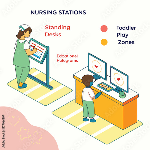 Illustration showing a nurse at a standing desk and a child at a play zone with monitors and holograms