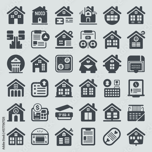A Comprehensive Collection of Dark Gray House Icons Representing Real Estate Mortgage Finance and Homeownership Concepts Including Various House Styles and Related Symbols