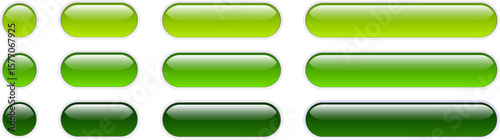 Buttons green isolated, shiny glass navigation panel for website.