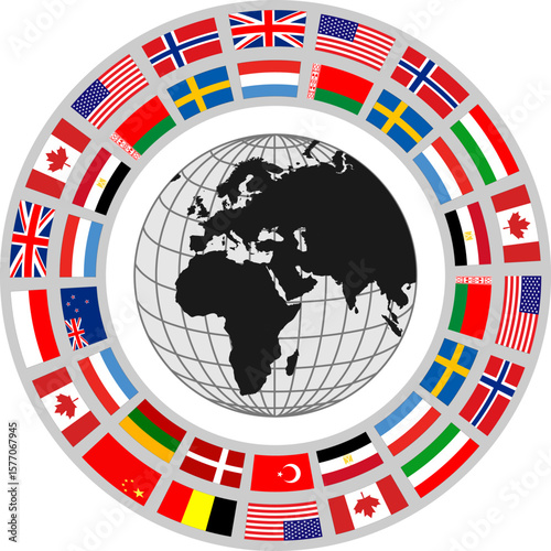 Business icon with earth globe and international flags around, ring with flags button, business concept symbol.